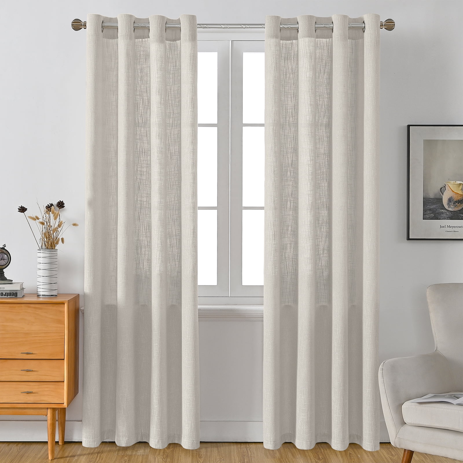 RISSIEN Extra Long Burlap Linen Farmhouse Curtains 216 inch Length 2 Panels for 2 Story High Living Room Textured Thick Light Filtering Privacy Window Drapes with Grommet 18ft (52x216 Beige)
