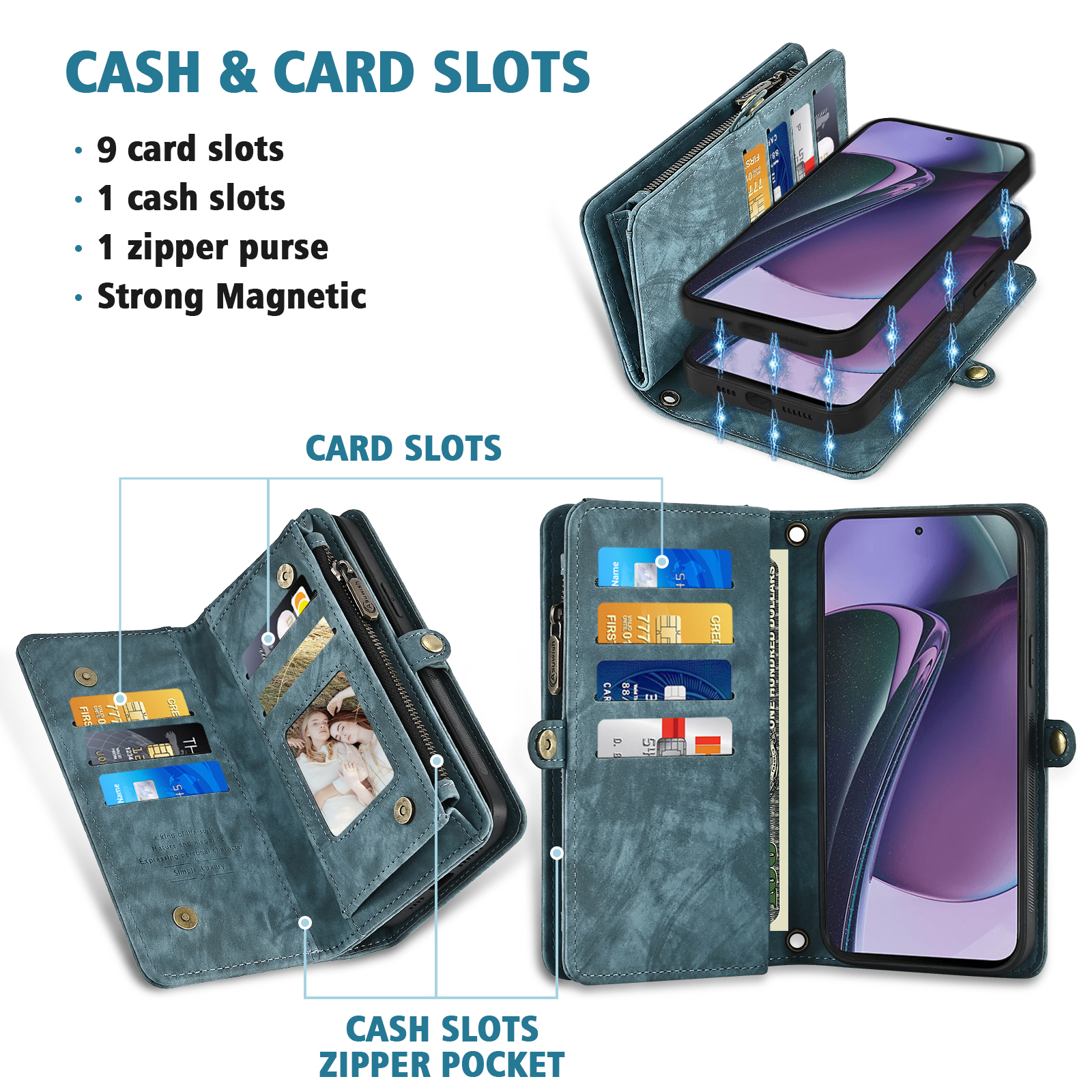 Asuwish Compatible with Motorola Moto G Power 5G 2023 Phone Case Zipper Wallet Detachable Tempered Glass Screen Protector Crossbody Lanyard Strap Flip Card Holder Cell Cover for GPower G5 Women Blue