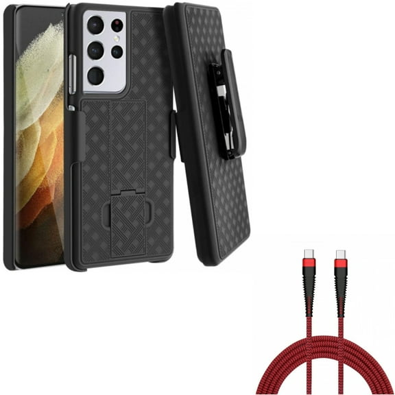 Case Belt Clip w 10ft PD Cable for Samsung Galaxy S21 Ultra - Holster Swivel Cover, Type-C to USB-C Charger Cord Power