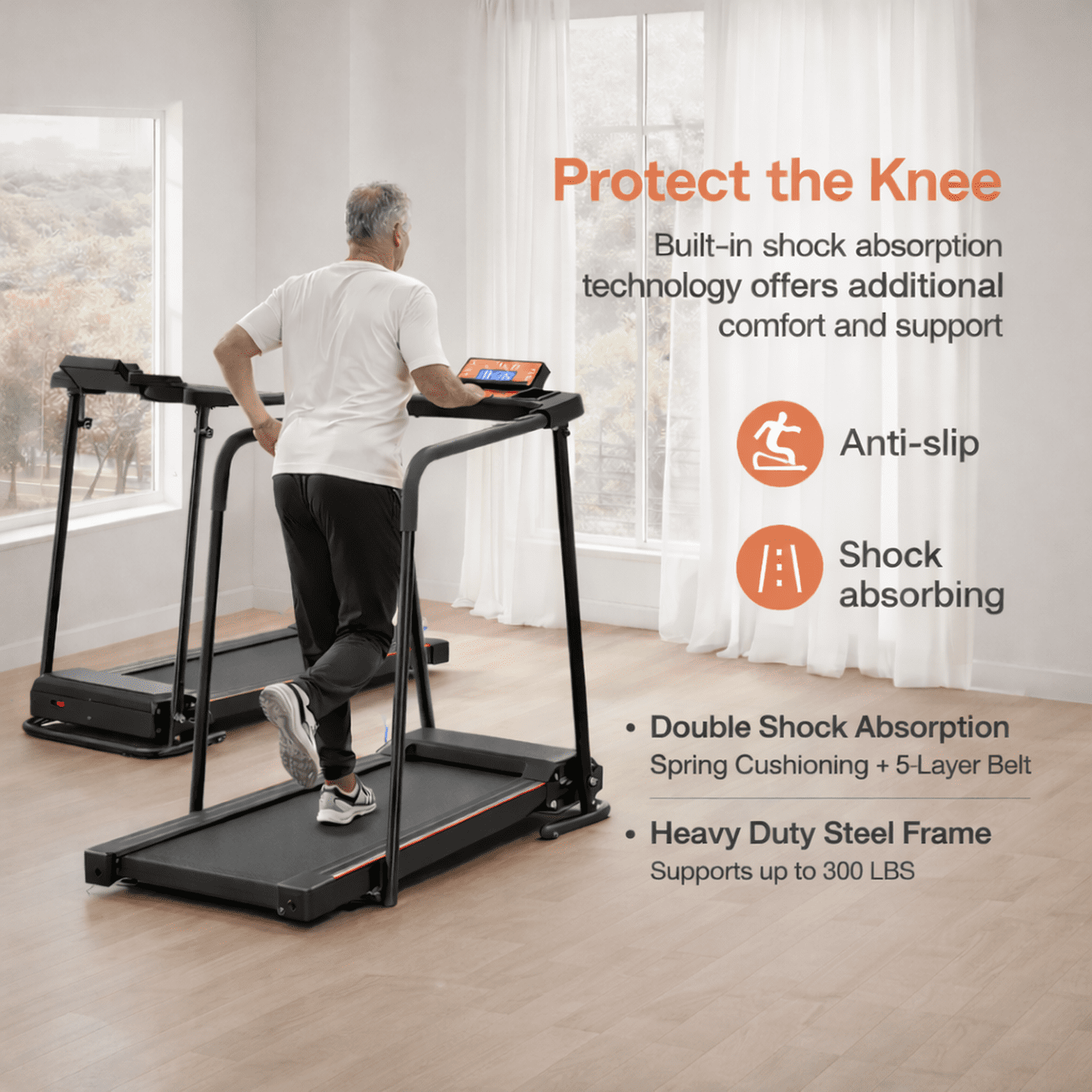 Noaman Walking Treadmill for Seniors & Recovery with Extended Safety Handrails, 300 lbs Capacity, 2.5HP Foldable Portable Treadmill for Home, Smart APP Control & Joint Protection Shock Absorption