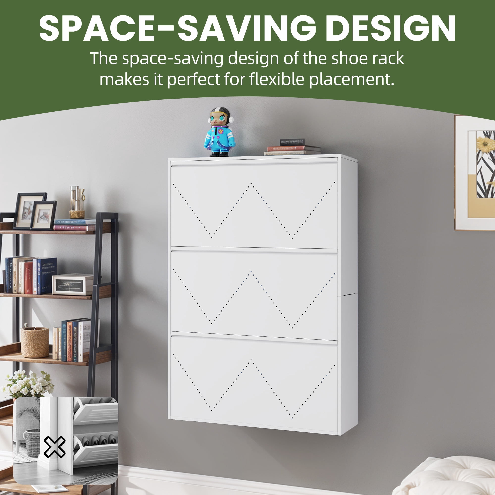 Uforic 3-Drawer Metal Shoe Storage Cabinet, Wall Mount Shoe Rack Organizer, White