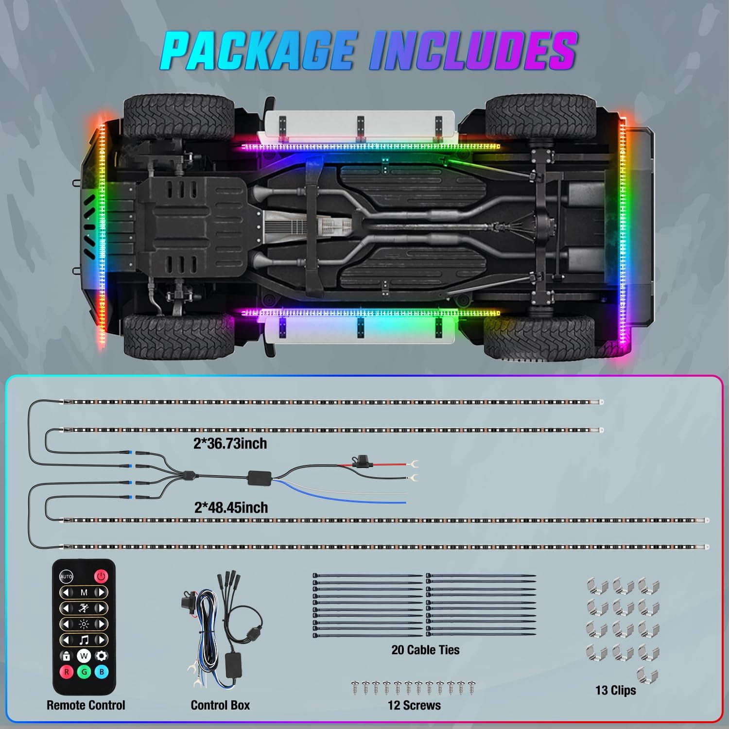 4Pcs Aluminum Underglow LED Lights for Cars,8 Color RGB 396 Led Sound Active Function Music Mode Underglow Kit,Music Mode with APP, Waterproof Underbody Neon Strip Light for Car SUV Truck