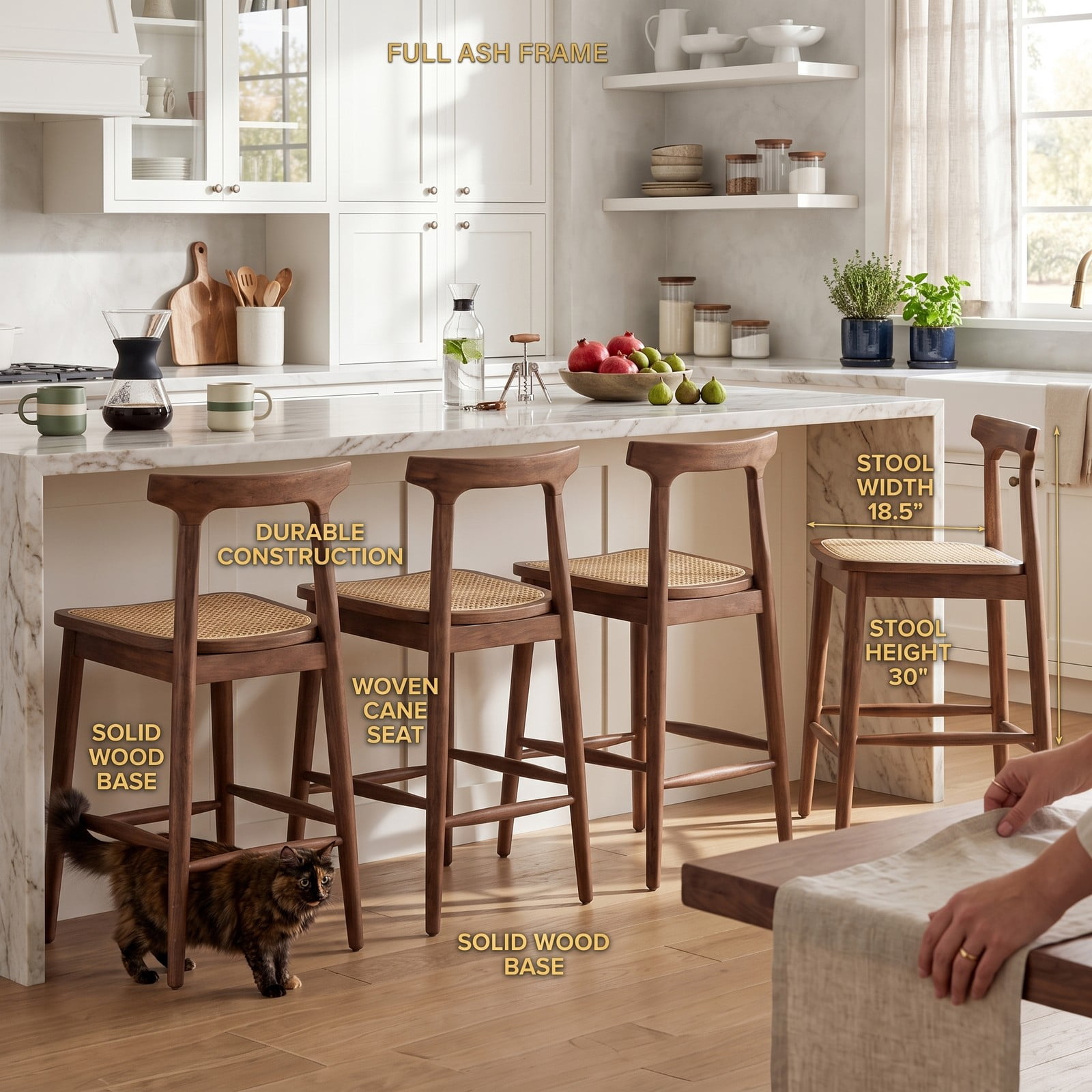 Furnibear Counter Height Bar Stools Set of 2, 24 Inch Solid Rubber Wood Kitchen Island Chairs with Curved Backrest, Upholstered Padded Seat and Built-in, Walnut