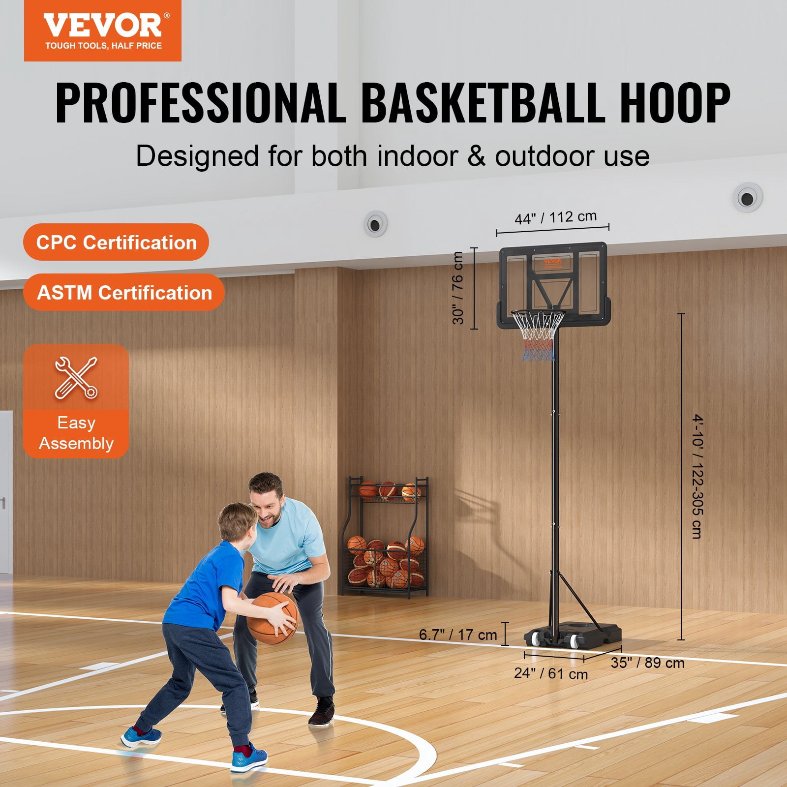 Basketball Hoop, 4-10 Ft Adjustable Height Portable Backboard System, 44 Inch Basketball Hoop & Goal