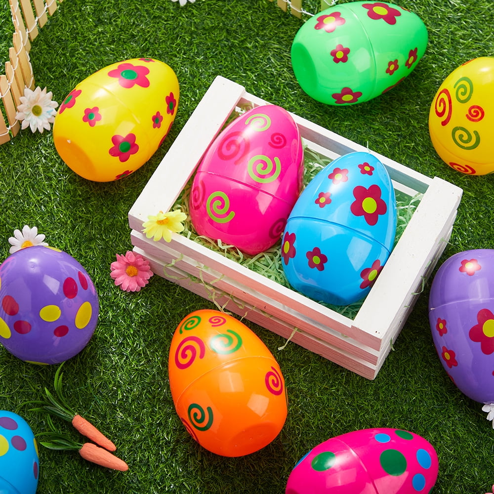 Joyfy 12 Pcs Large Printed Easter Eggs, 6" Jumbo Plastic Empty Fillable for Easter Egg Hunt, Basket Stuffers/Fillers, Filling Treats, Party Favors Supplies, Classroom Prizes
