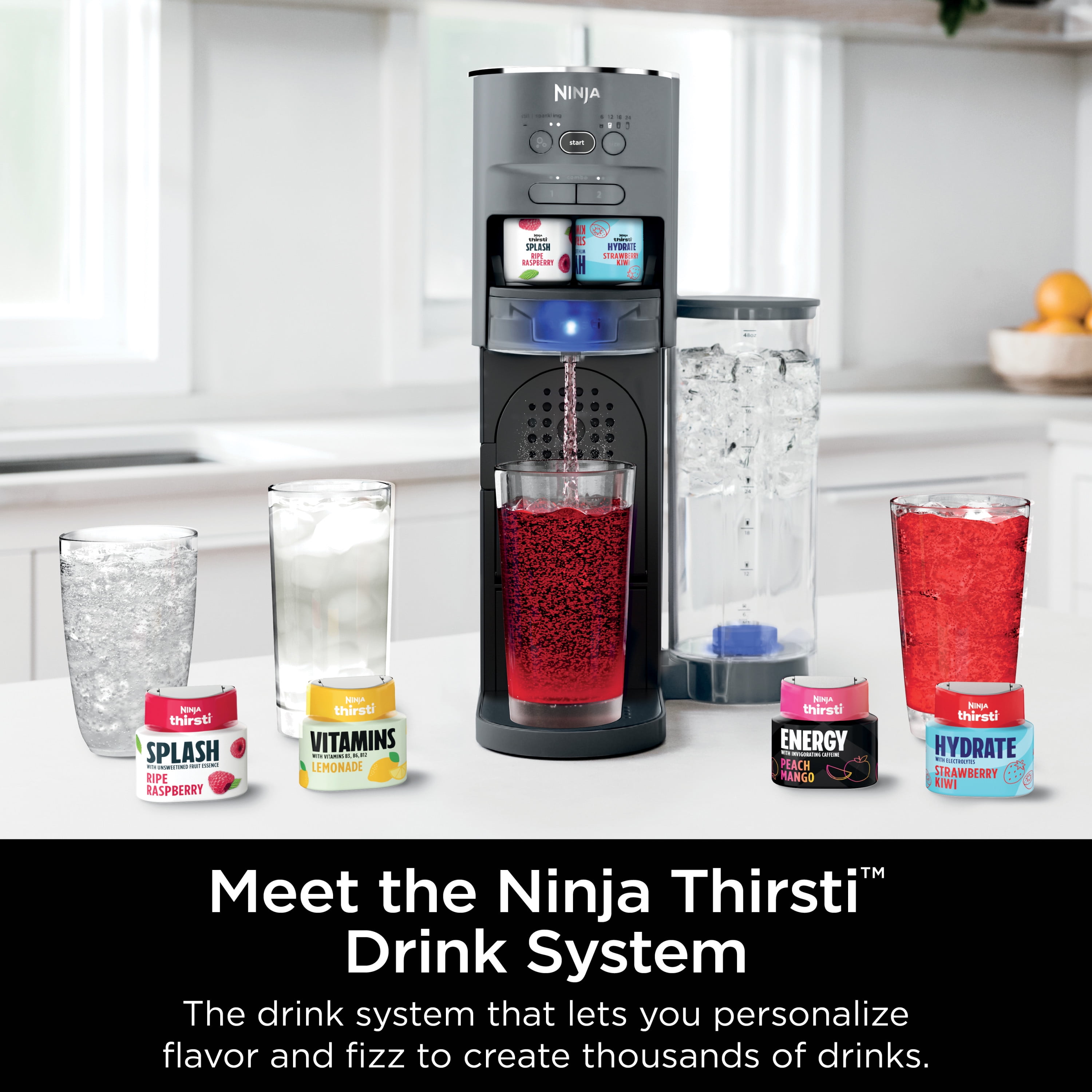 Ninja Thirsti Drink System Complete Still and Sparkling Customization Drink  Kit with CO2 Canister, Flavors, and 48oz Reservoir, WC1000, Gray