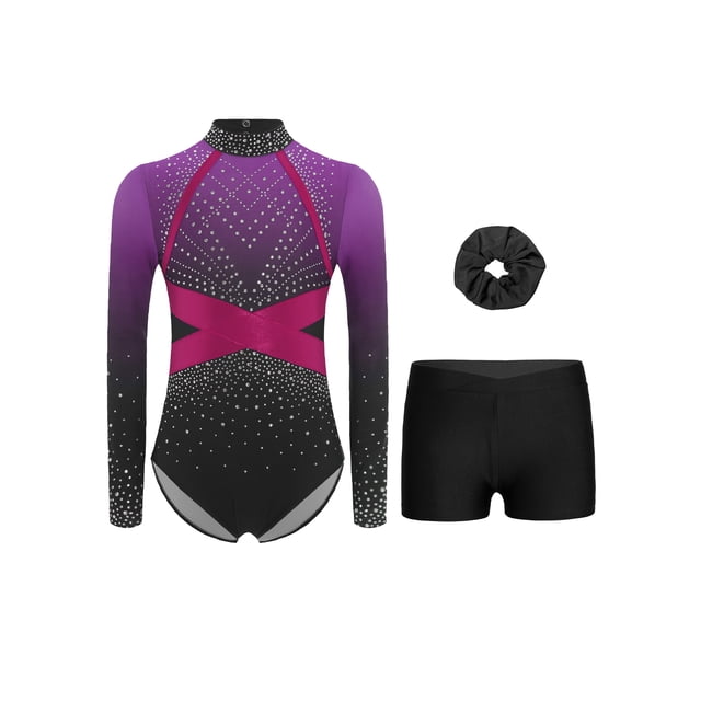 TSSOE Kids Girls Rhinestone Long Sleeve Gymnastics Unitard Figure Skating Bodysuit with Shorts Hairband Set Activewear Purple 12