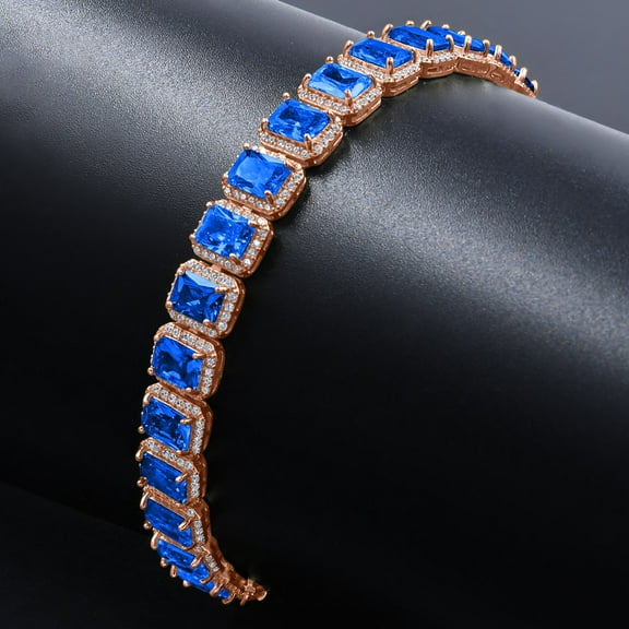 14K Rose Gold Finish Blue Sapphire Simulated Diamonds Solitaire Mens Ladies Bracelet 10mm / 8.5 Inch