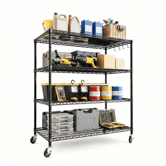 PrimeZone 4-Tier Wire Storage Shelves with Wheels, Adjustable Metal Shelf Rack Unit Organizer, Heavy Duty Wire Shelf for Garage Warehouse Office Restaurant Kitchen, 55.8"W x 24"D x 81"H, Black