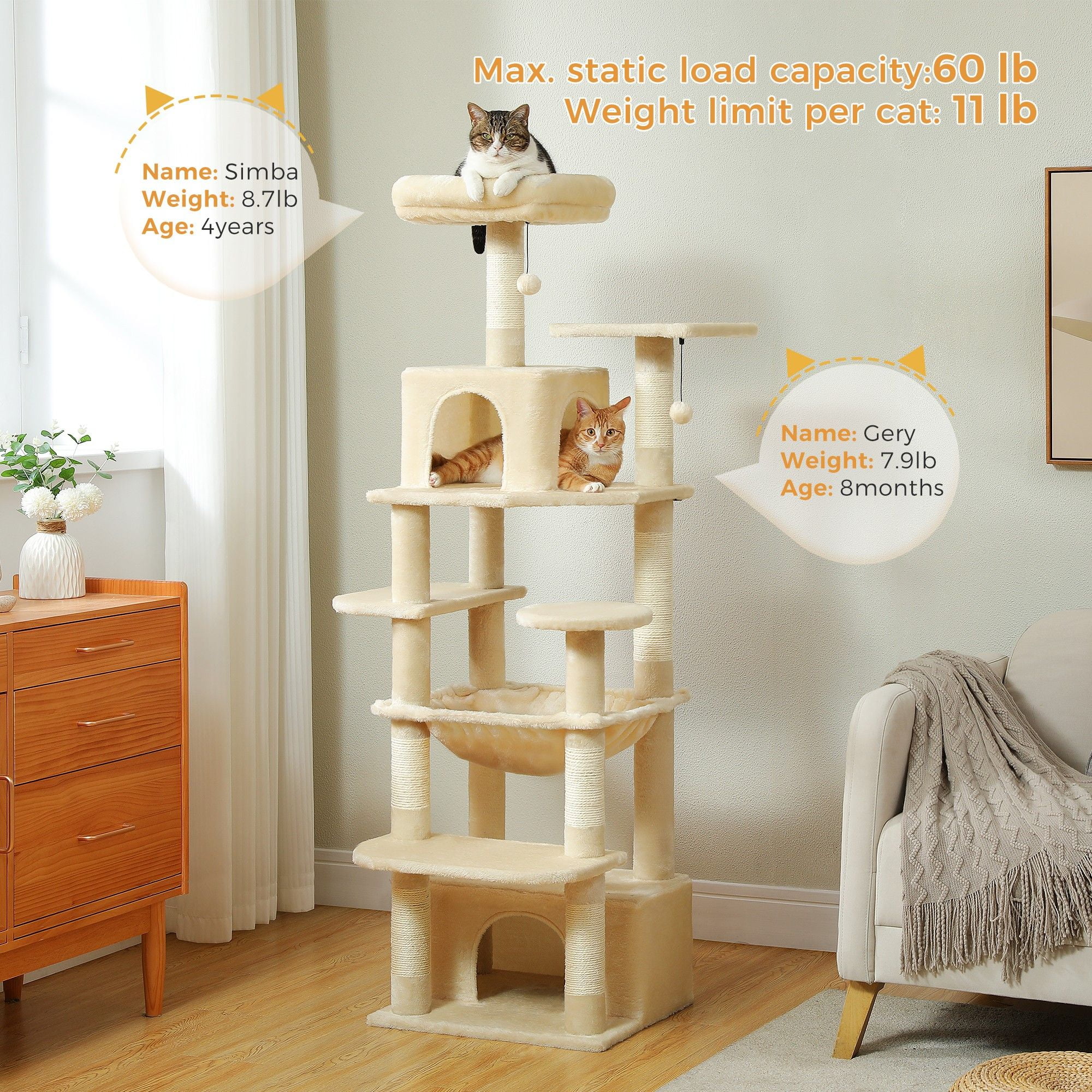 resenkos 64" Modern Cat Tree Tower for Indoor Cats, Cat Condo with Sisal Scratching Post, Hammock and Top Perch, Beige