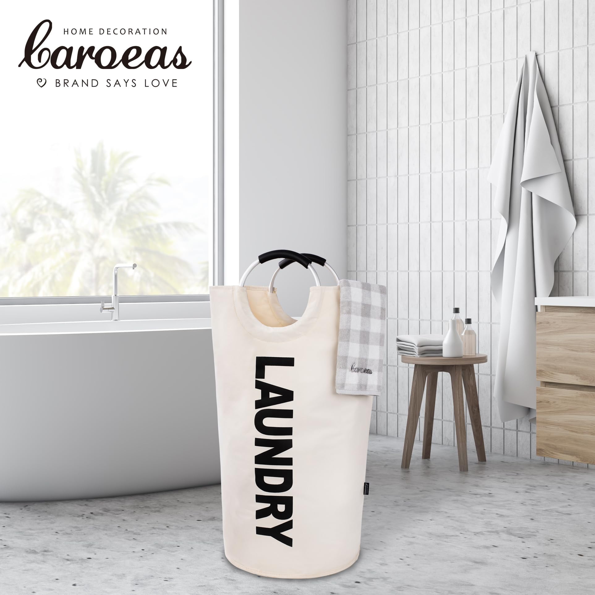 Caroeas 125L Laundry Basket ,Large Laundry Hamper, Laundry Bag with Padded Handles, Clothes Hamper Stands Up Well, Collapsible Free Standing Easy Storage Washing Bin (Beige)