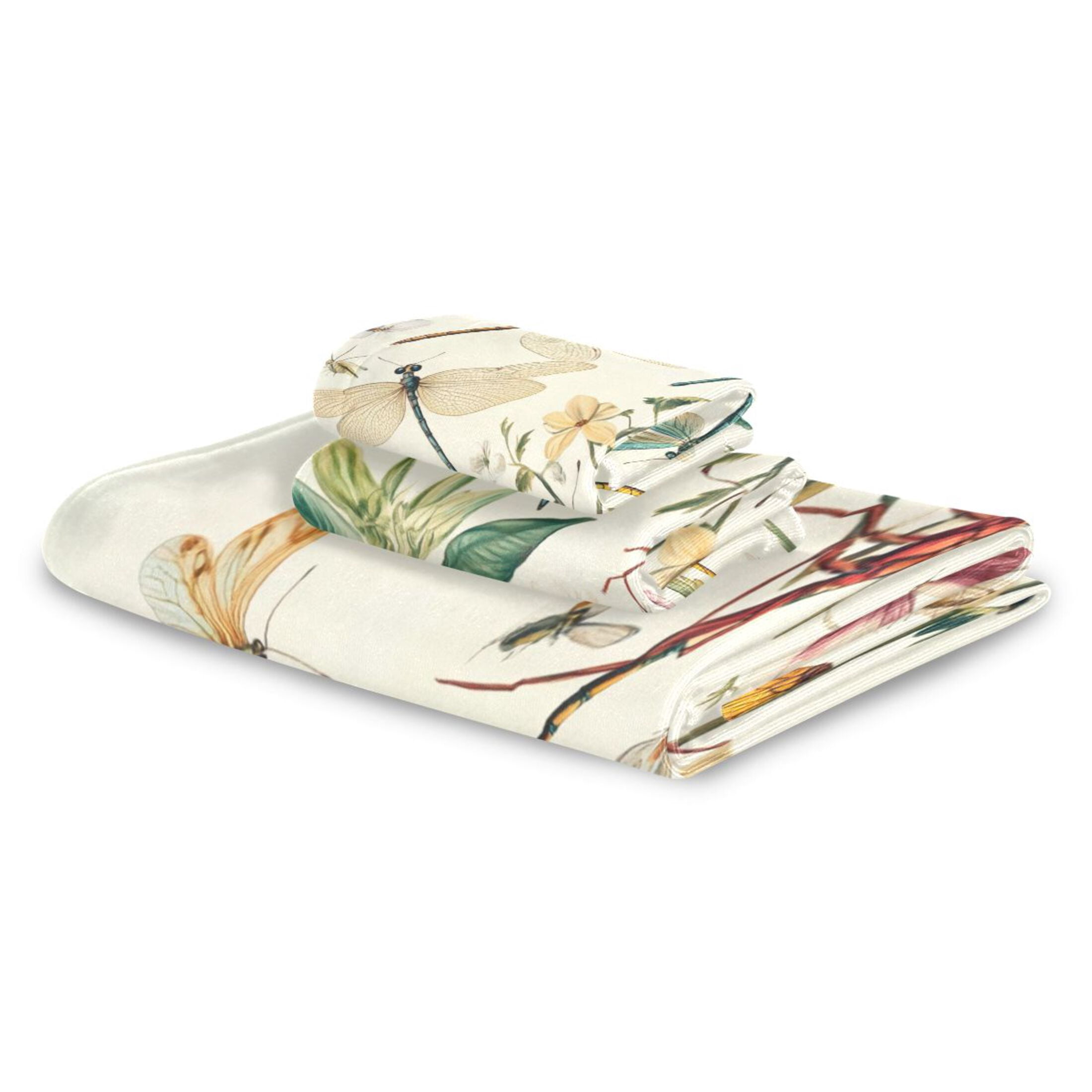WOBOGO Dragonfly Print Painting Ultra Soft 3 Pack Cotton Towel Set Includes 60 x 30in Bath Towel 28 x 16in Face Towel and 13 x 13in Small Square Towel for Everyday Use Lightweight and Compact