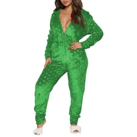 

Ehfomius Women Christmas Home Jumpsuit Star/Stripe Hooded Long Sleeves Zip-Up Fleece Pajamas