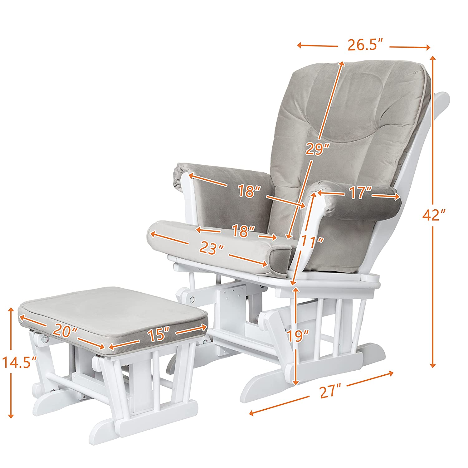 AFG Baby Furniture Sleigh Glider and Ottoman in White with Gray Cushions