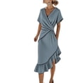 thumbnail image 3 of Oksale Elegant Dresses for Women Wedding Guest Asymmetrical Ruffle Hem V Neck Wrap Dress Cozy Batwing Sleeve Midi Vacation Summer Dresses for Holiday Blue XL, 3 of 8
