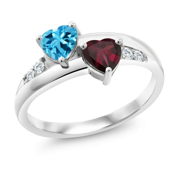 Gem Stone King 1.19 Ct Heart Shape Swiss Blue Topaz Red Rhodolite Garnet 925 Silver Lab Grown Diamond Ring (Size 9)