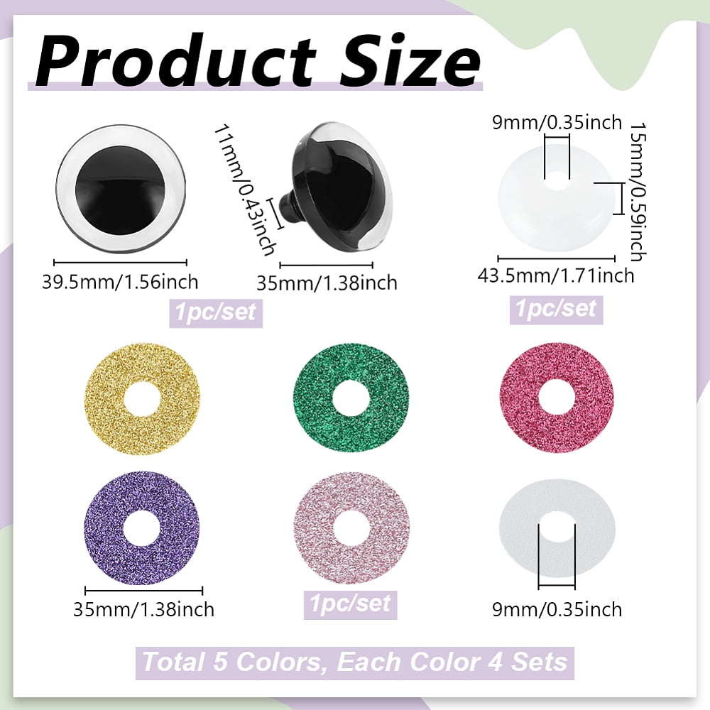 20 Sets 3D Glitter Plastic Safety Eyes for Amigurumi 39.5mm Craft Eyes with Washers Stuffed Animal Eyes for DIY Puppet Bear Crochet(5 Colors)