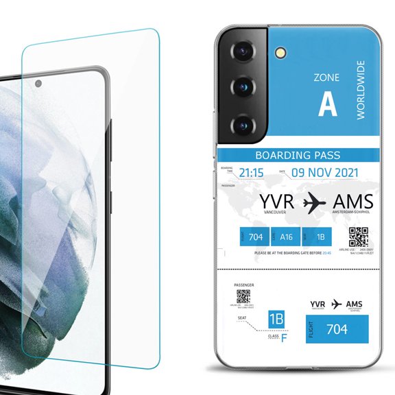 Slim-Fit Fashion Gel Phone Case for Samsung Galaxy S22  5G / S22 Plus 5G, with Tempered Glass Screen Protector, by OneToughShield ® - Boarding Pass