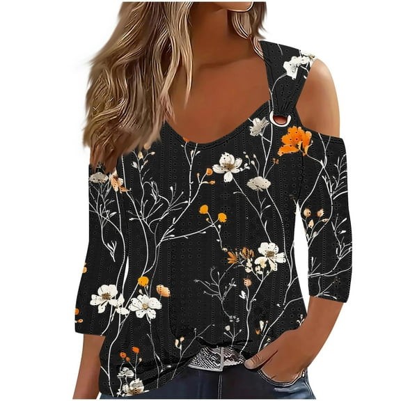 LYXSSBYX Long Sleeve Shirts for Women Women's Fashion Casual Solid Color Slip Shoulder Seven-Point Cuff Cuff V-Neck Tops