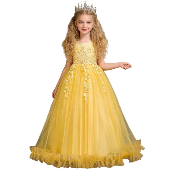 VBEWZET Girls 3D Floral Lace Tulle Floor Length Princess Dress, Cap Sleeve Long Formal Gown for 6-16 Years Piano Recital Wedding Flower Girl Birthday Pageant Yellow 9-10 Years