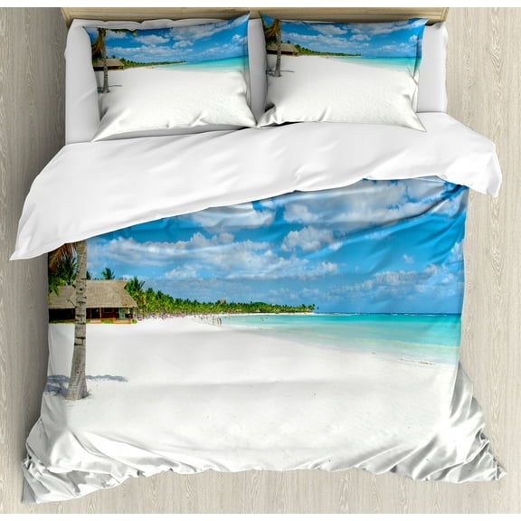 Beach Duvet Cover Set, Tropical Exotic Seashore with Palm Trees and Clear Sky Island Nature Summertime, Decorative 3 Piece Bedding Set with 2 Pillow Shams, Queen Size, Blue White Green, by Ambesonne