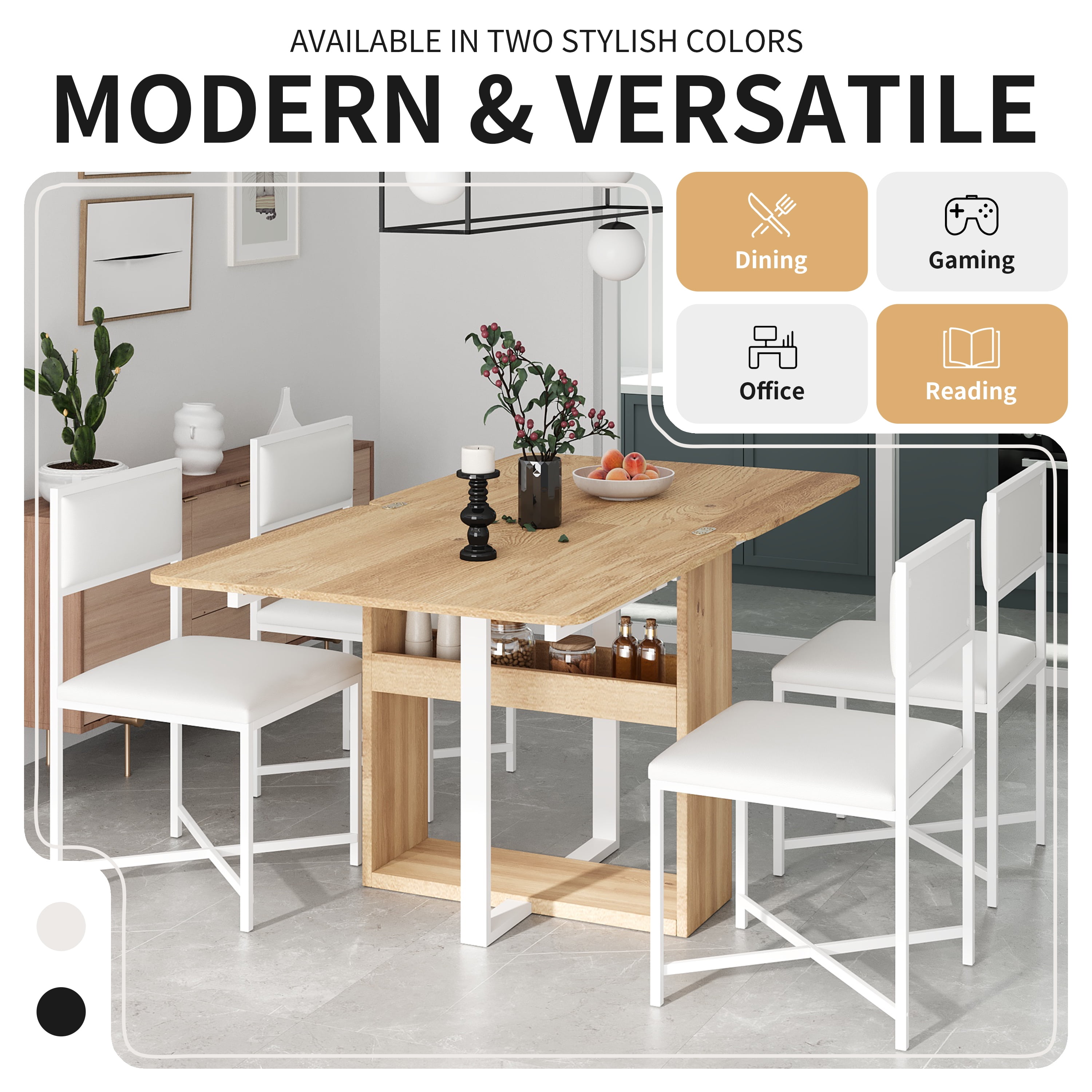 Euroco 5-Piece Extendable Dining Table Set for 4, Modern Compact 63" Foldable Square Kitchen Table Set with Storage Rack and 4 Upholstered Chairs for Small Places,White