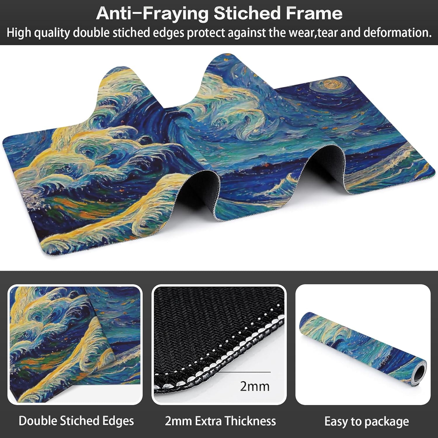 Desk Mat, Great Wave Off Kanagawa Extended Large Gaming Mouse Pad for Desk XXL, Non-Slip Rubber Base Stitched Edges Long Computer Keyboard Desk Pad Mouse Mat for Home Office Gaming 35.4"X15.7"