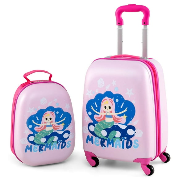 Costway 2PC Kids Carry On Luggage Set 12" Backpack and 16" Rolling Suitcase for Travel Pink + Blue