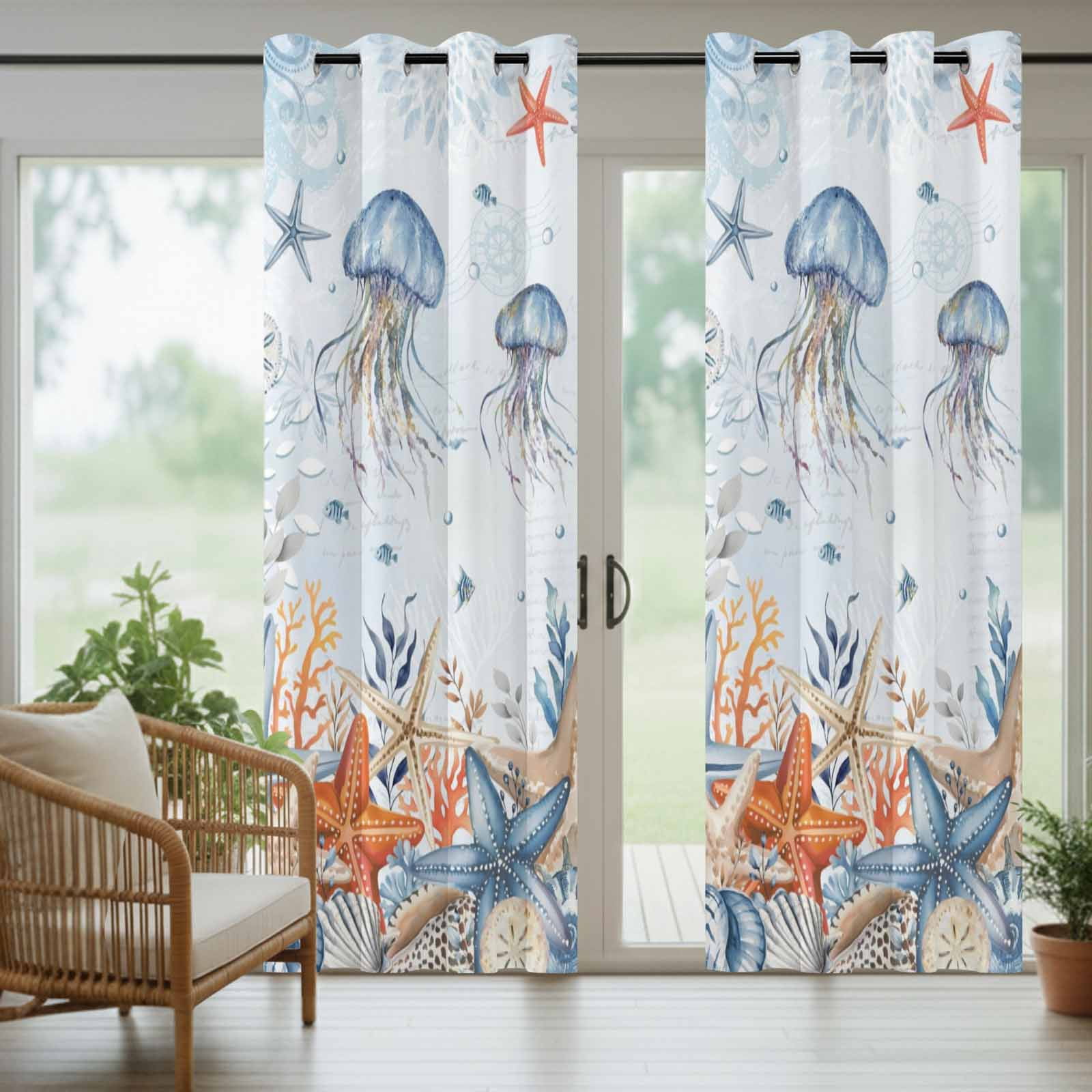 Oceans Marine Life Outdoor Curtains for Patio, Orange Blue Gradient Jellyfish Starfish Sunshade Privacy Drapes Grommet Waterproof Outside Curtains for Porch/Cabana/Balcony 54"x 108", 1 Panel