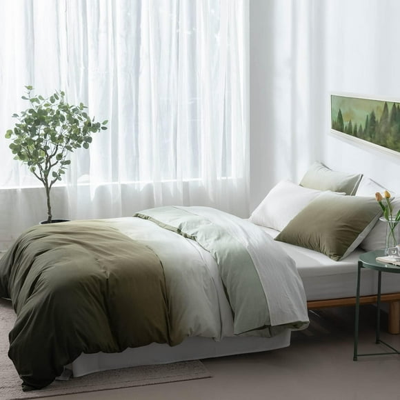 Duvet Cover Queen Size - Reversible Olive Green Duvet Cover Set with Button
