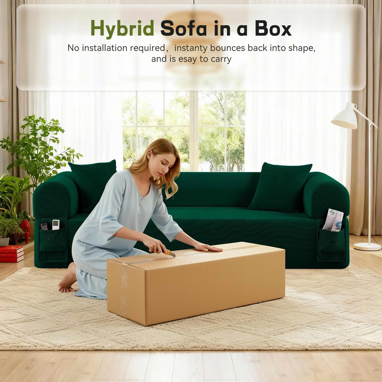 MAYEERTY 83" Green Corduroy 3-Seater Sofa, 600lbs Pocket Spring No Assembly Couch for Living Room