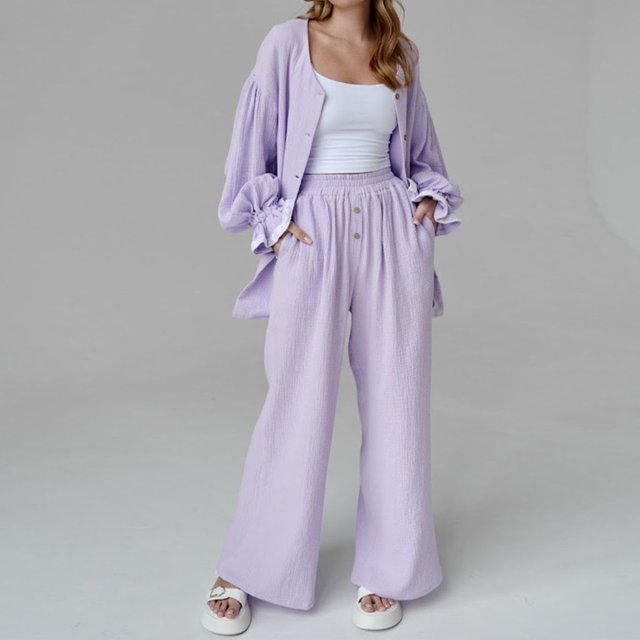 Conjunto de pijama de 2 piezas para mujer camisas plisadas informales conjunto de pantalón conjunto de ropa de dormir suelta