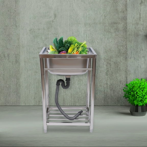 Miumaeov Commercial Kitchen Sink Free Standing Stainless-Steel Single Bowl Restaurant Kitchen Sink Prep & Utility Washing Hand Basin with Storage Shelve Laundry Tub for Indoor Outdoor