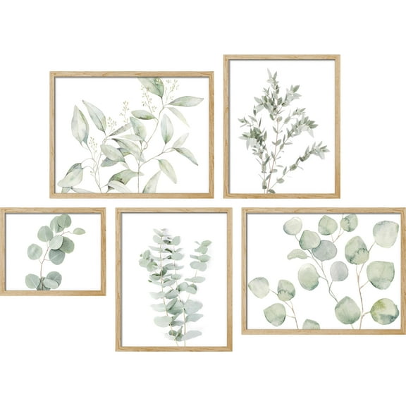 PixonSign Framed Canvas Print Wall Art Set - Nature Green Forest Plant Poster Art - Collage Print Gallery Set of 5 Variety Botanical Floral Illustrations Minimal Wall Décor for Home - Natural
