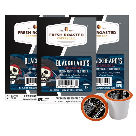Fresh Roasted Coffee, Blackbeard's Revenge Coffee Pods, Medium Roast, K-cup Compatible, 72 Count