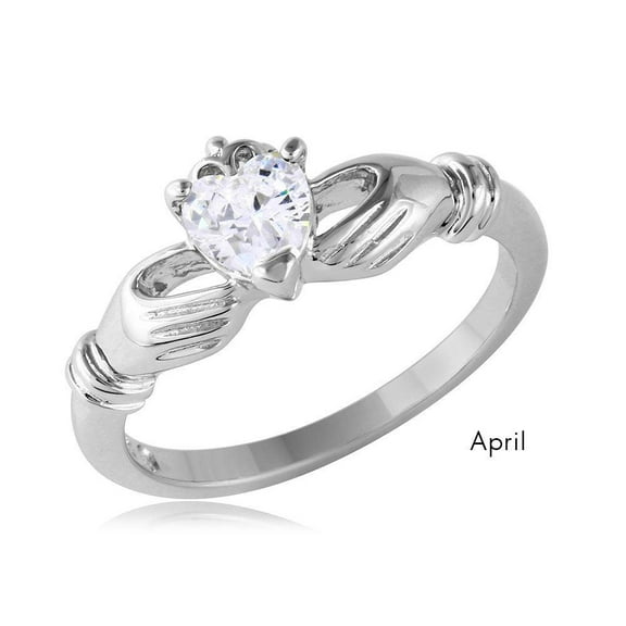 Rhodium Plated Sterling Silver 925 Simulated April Claddagh Ring White CZ Jewelry Female Size 8