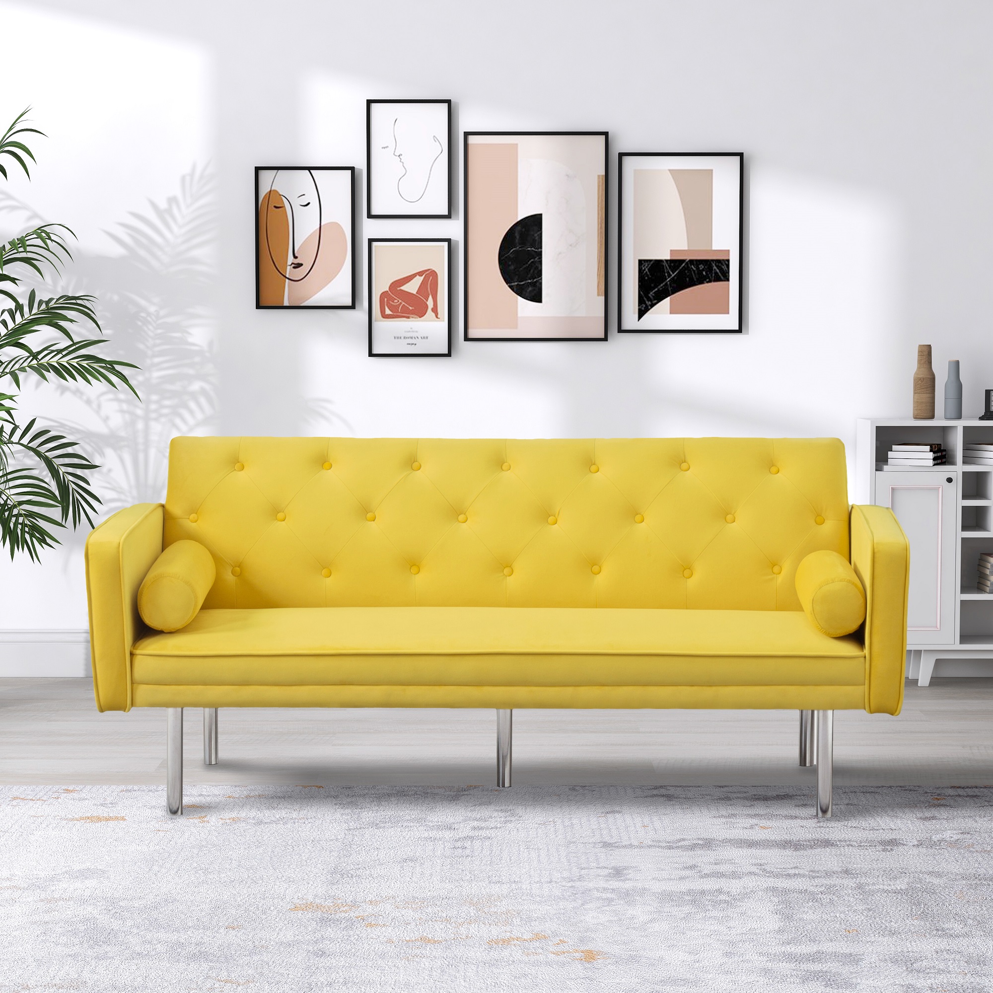 Modstyle Futon Sofa Bed, Velvet Convertible Sleeper Sofa with Pillows, Yellow - image 3 of 8