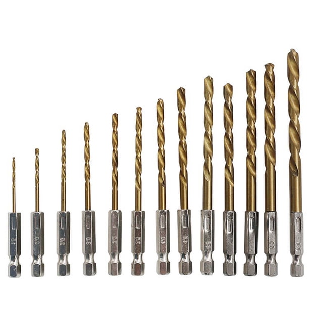 Fiudx Juego de Brocas de Titanio, Acero de Alta Velocidad con Revestimiento de Titanio, Vástago Hexagonal para Cambio Rápido de Broca, Surtido de 13 Piezas, Duradero y Resistente, Apto para Madera, A
