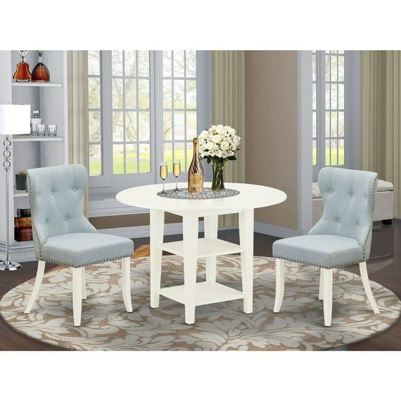 Gothic Grandeur Dining Set - Table & 2 Chairs - Linen Fabric - Blue & White - East West Furniture