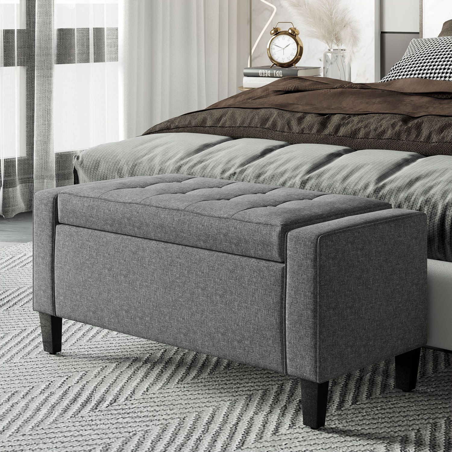 Chair with Storage, Linen Upholstered Ottoman, Tufted Storage Bench for Living Room, Bedroom