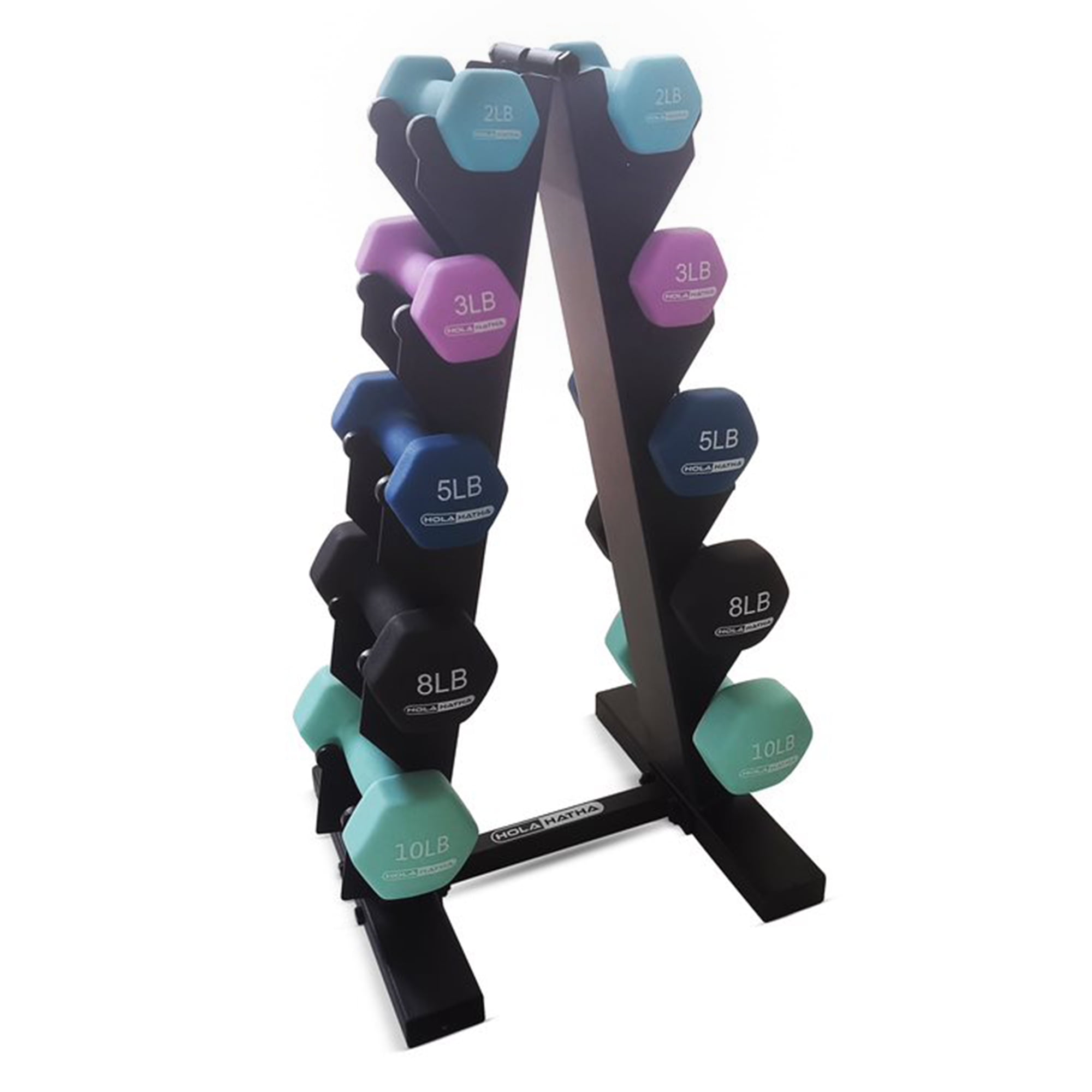 HolaHatha 2 3 5 8 10 Lb Neoprene Dumbbell Weight Set W Rack 