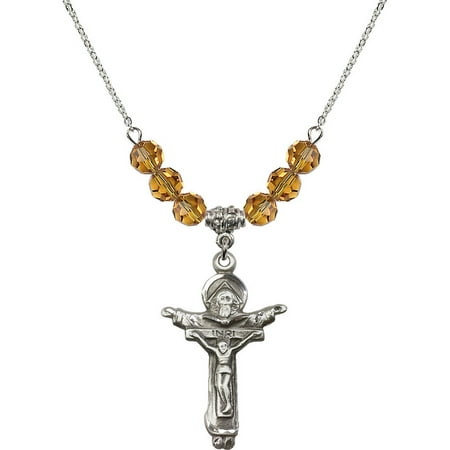 - 18-Inch Rhodium Plated Necklace with 6mm Yellow November Birth Month Stone Beads and Trinity Crucifix Charm