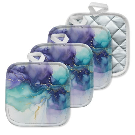 

4 Pack Pot Holders Kitchen Essential Potholder Set Abstract Fluid Painting In Blue Purple With Gold