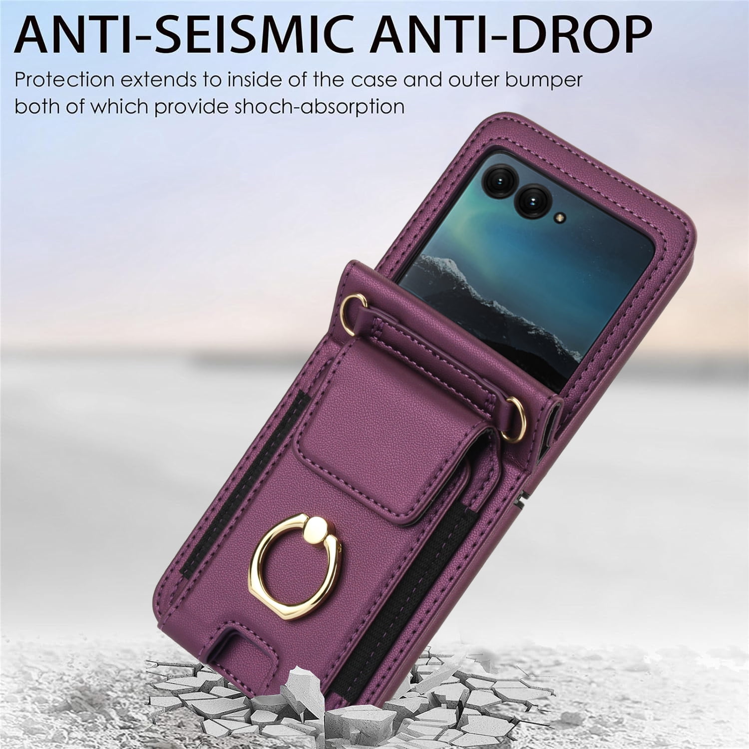for Motorola Razr 2024 Wallet Case Crossbody, PU Leather Zipper Handbag Purse Flip Cover, Back Card Slots, Adjustable Shoulder Strap, Finger Ring Stand for Motorola Razr 2024, Darkpurple