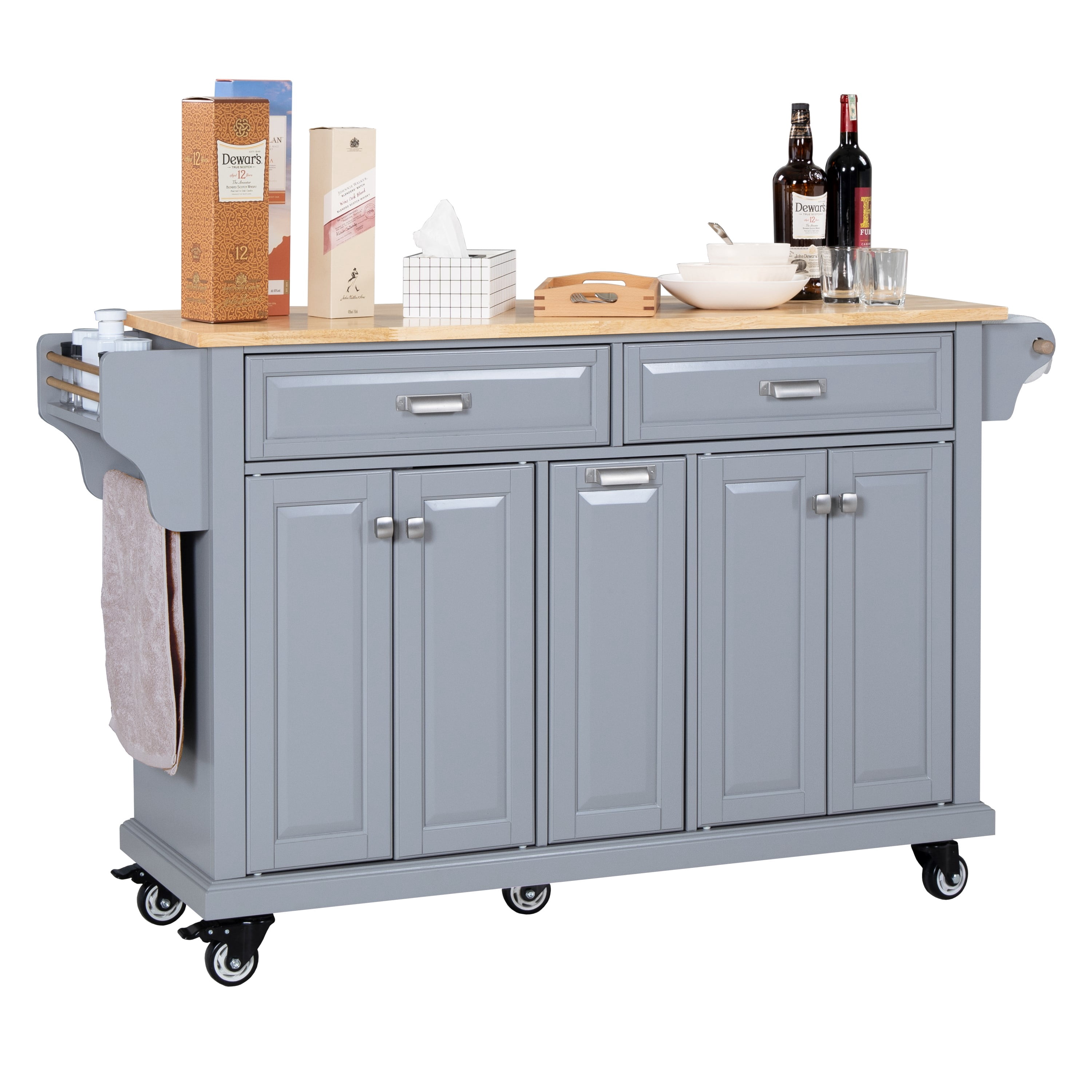 AR Airui Polin 60.5" Kitchen Island on Wheels, 4 Doors 3 Drawers, Rubberwood, Gray