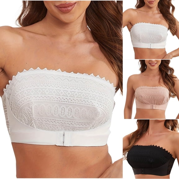 Rvasteizo Women Strapless Bra Solid Lace Front Closure Bust Lift Everyday Bra
