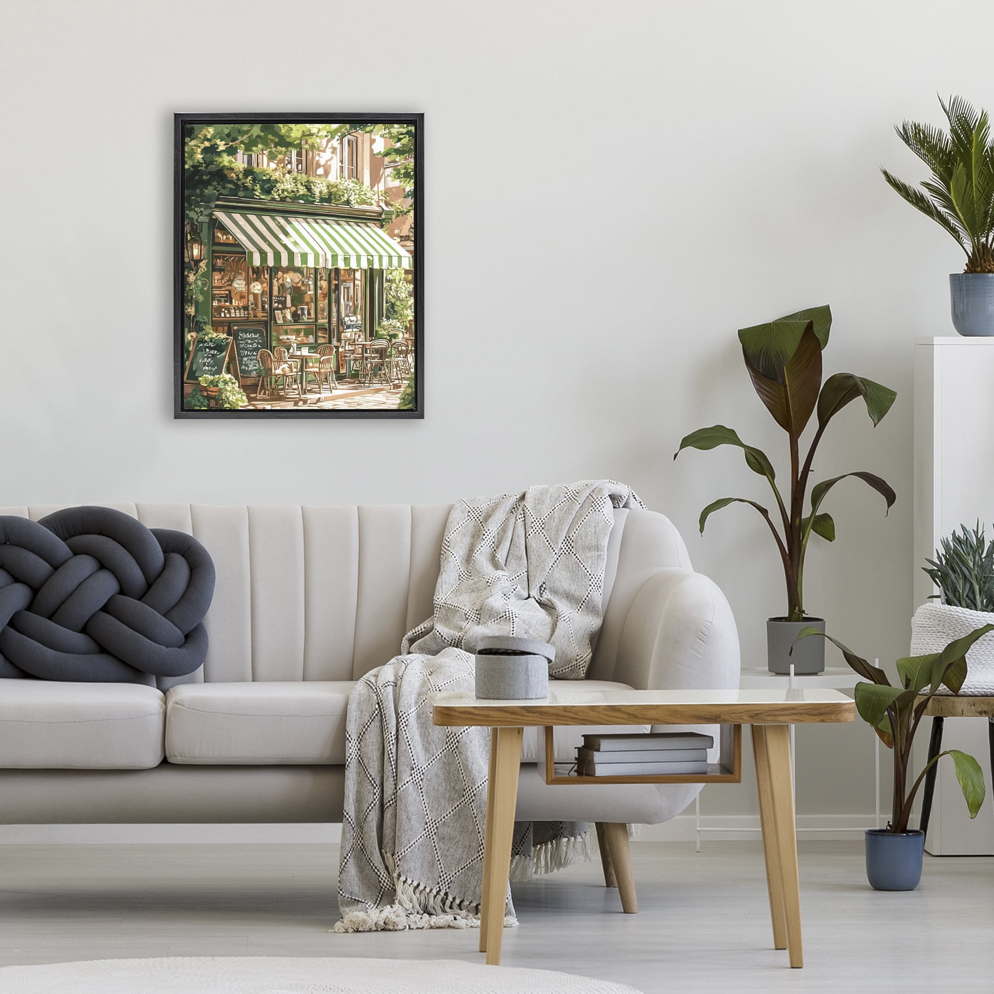 Stupell Industries Coffee Shop Awning & Greenery Black Framed Floater Canvas Wall Art, design by LSR Design Studio