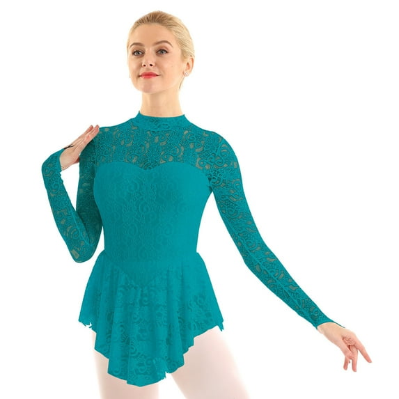inhzoy Womens Adult Long Sleeve Lace Leotard Ballet Dance Gymnastics Ice Skating Dress