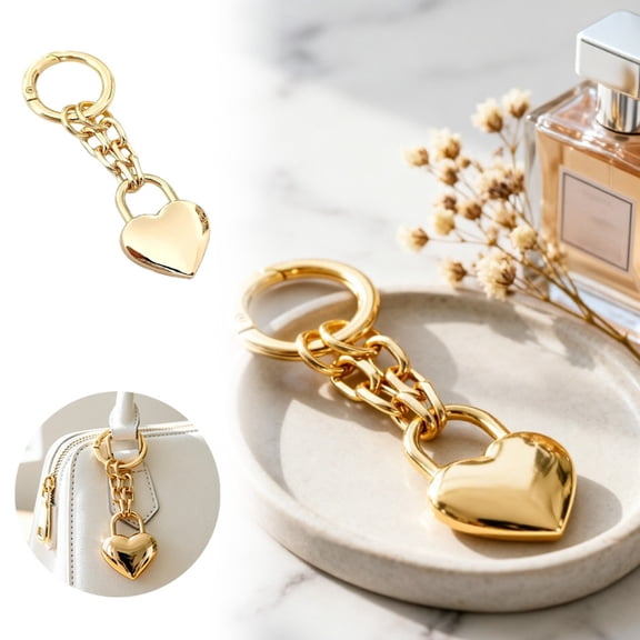 Gold Heart Padlock Bag Charms, Heart Shaped Keychain Accessories for Women Handbag Purse Charm Chain Gift, Stainless Steel Cute Key Ring for Bags