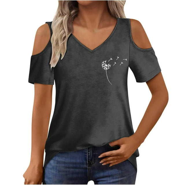 Algodón Fuera Del Hombro Tops para la Impresión de las Mujeres Manga Corta V-Cuello Blusa, Top de Algodón de Imitación de Moda